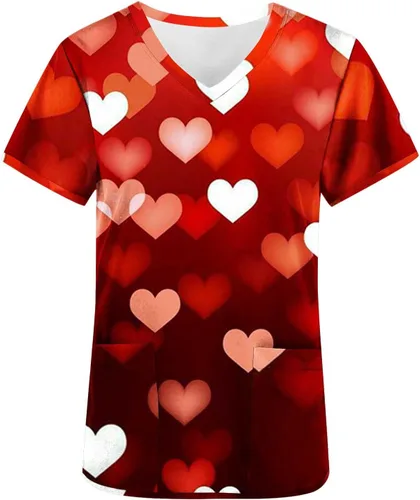 Vista 3 de Valentine's Day Womens Scrub_Tops Cute Heart Print Nursing Working Uniforms Short Sleeve Holiday Shirts