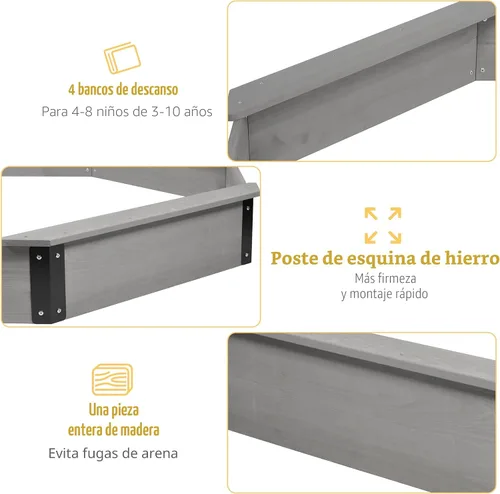 Vista 5 de Cajón de arena de 64"x56"x8.5" octogonal con cubierta para juegos al aire libre de niños, arenero grande de madera con 4 bancos, instalación rápida