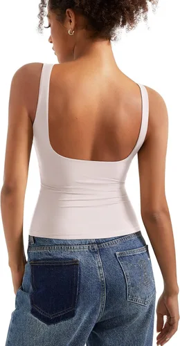 Vista 21 de SUUKSESS Camisetas sin mangas con respaldo abierto y cuello barco acolchado para mujer, con doble forro, camisas básicas Negro (Black Polka Dots)