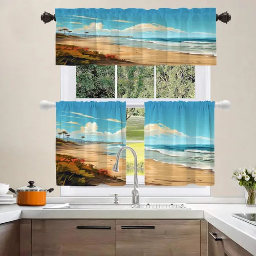 Vista 2 de Shrahala Beach Scenery Blackout Curtain Tiers, Coastal Landscape Kitchen Valance Light Blocking Tier Drapes with Rod Pocket, 2 Pack 26 X 24 in Blue1