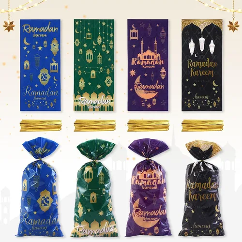 Vista 8 de Threetols 100 bolsas de celofán Eid Mubarak, bolsas de celofán de Ramadán Kareem, bolsas de regalo de celofán Eid Moon Star transparentes