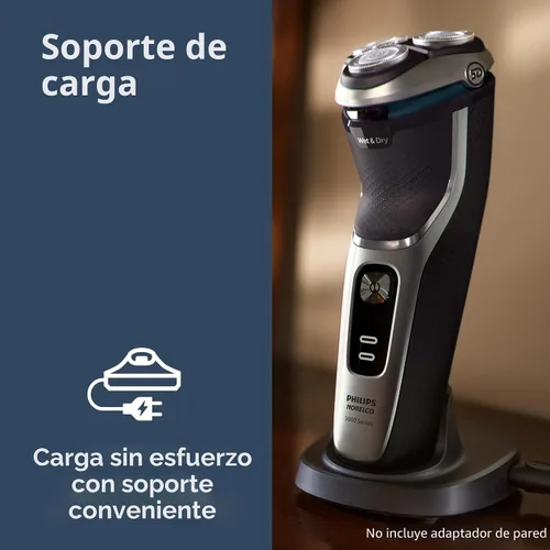 Vista 3 de Philips Norelco Shaver 3900 Series, afeitadora eléctrica húmeda y seca, P-Cap, estuche de viaje, soporte de carga, azul tormenta, modelo S3341/92