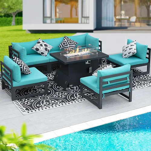 Vista 2 de BULEXYARD - Sofá modular de aluminio para exteriores con mesa para fogata, 7 piezas, color verde azulado