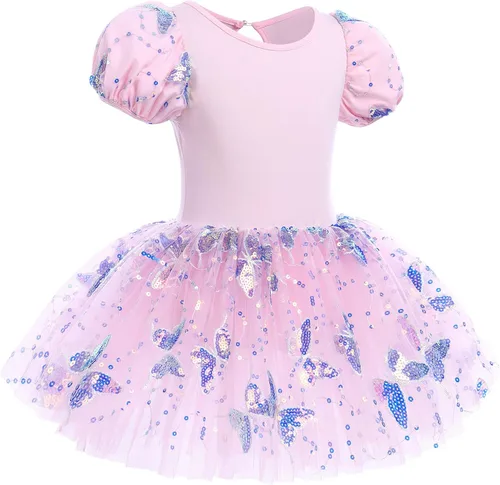 Vista 2 de Leotardos de ballet para niñas, 4 colores, mariposa, lentejuelas brillantes, vestido tutú de baile, manga abombada, ojo de cerradura en la espalda