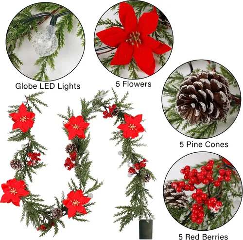 Vista 4 de DR.DUDU Guirnalda de Navidad artificial preiluminada de 6 pies con 20 luces LED, funciona con pilas con piñas, bayas rojas, agujas de pino, corona