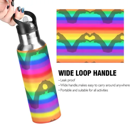 Vista 4 de Rainbow Stripes - Botella de agua aislada de acero inoxidable con pajilla, botellas de agua a prueba de fugas, botella de agua deportiva sin BPA