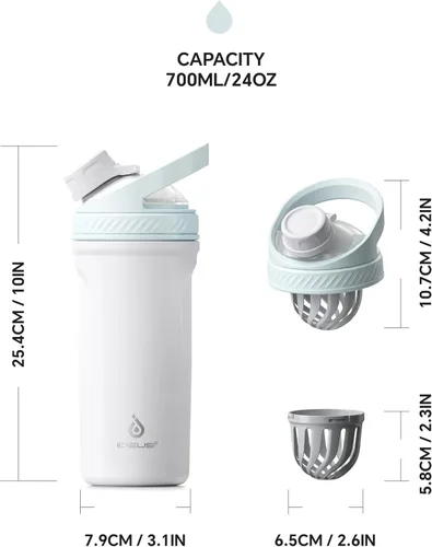 Vista 5 de Ideus Botella mezcladora de proteínas de 24 onzas (24.0 fl oz), botella agitadora de acero inoxidable aislada con bola de Tritan silenciosa, vasos