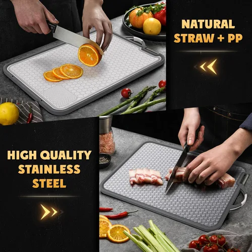 Vista 13 de Tabla de cortar grande de acero inoxidable, tabla de cortar de doble cara de 16 pulgadas para cocina, no tóxica, diseño de malla resistente a