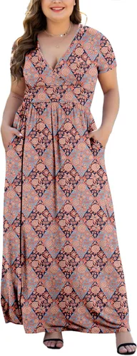 Vista 18 de Maxi vestido casual para mujer, diseño de manga corta con cuello en V y bolsillos, tallas L-5XL A01-negro