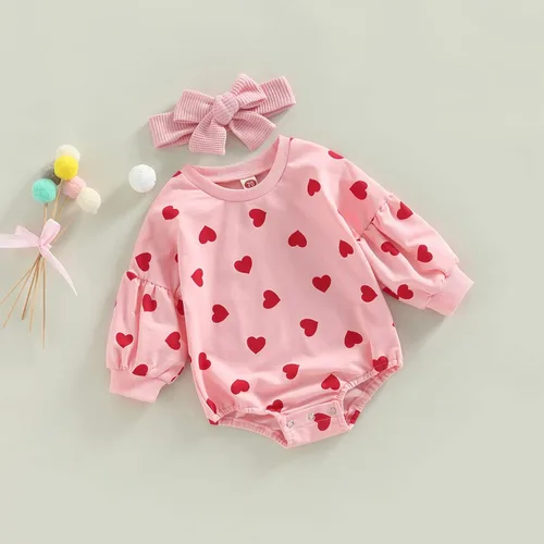 Vista 119 de SOLILOQUY Traje de manga larga con cuello redondo para el primer día de San Valentín para bebé niño y niña, mameluco de corazón de amor