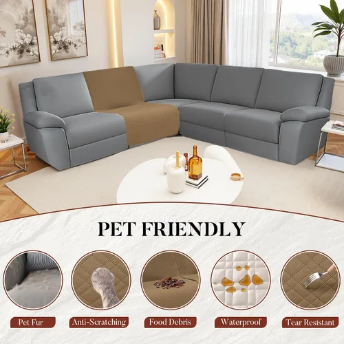 Vista 2 de Juego de fundas de terciopelo 10% impermeables para sofá modular reclinable en forma de L, 1 pieza, fundas acolchadas para sofá reclinable Marrón