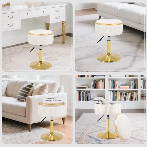 Vista 6 de Taburete de tocador ajustable con almacenamiento, silla taburete de maquillaje giratorio de 360°, otomana redonda pequeña de terciopelo con base