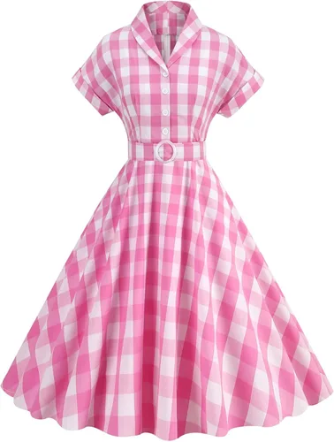 Vista 6 de Vestido vintage de los años 50 para mujer, vestidos pin up Rero Rockablilly, vestido de cóctel a cuadros Hepburn de los años 40