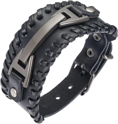 Vista 5 de Hamoery Men Leather Bracelet Punk Braided Rope Alloy Bracelet Bangle Wristband