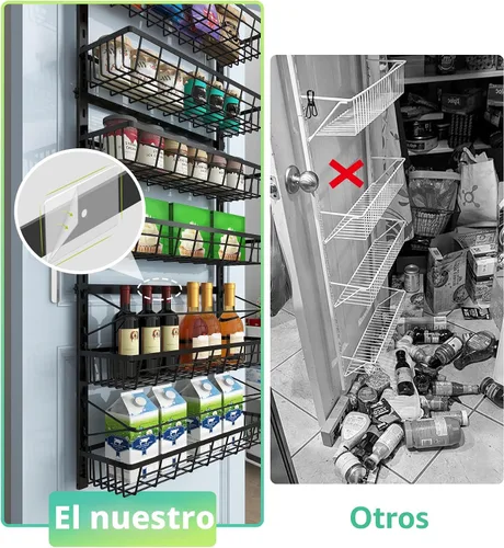 Vista 5 de Mefirt Organizador de despensa sobre la puerta, almacenamiento y organización de despensa, cestas colgantes ajustables de 6 niveles, estante de Negro