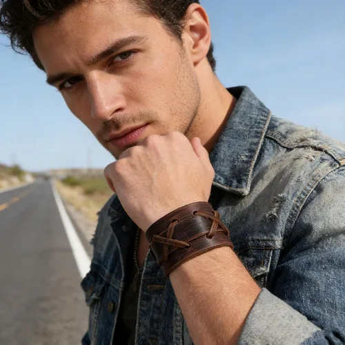 Vista 4 de HZMAN Pulseras de Cuero Marrón Pulsera de Puño de Cuero para Hombre Pulsera de Muñequera Ajustable Joyería de Regalo