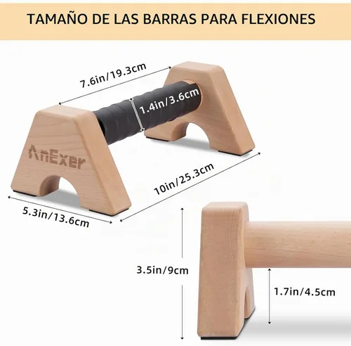 Vista 2 de soportes de empuje, barras de paralelas de mano, barras de empuje de madera sólida con alfombrilla antideslizante, mangos de empuje para ejercicio