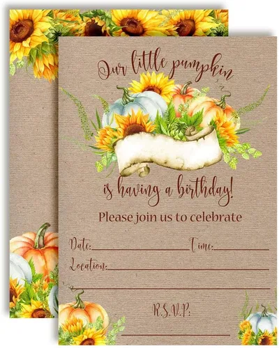Vista 19 de Amanda Creation Invitaciones de cumpleaños de Pumpkin Truck, paquete de 20 invitaciones de cumpleaños de otoño de 5 x 7 con sobres blancos, tarjetas
