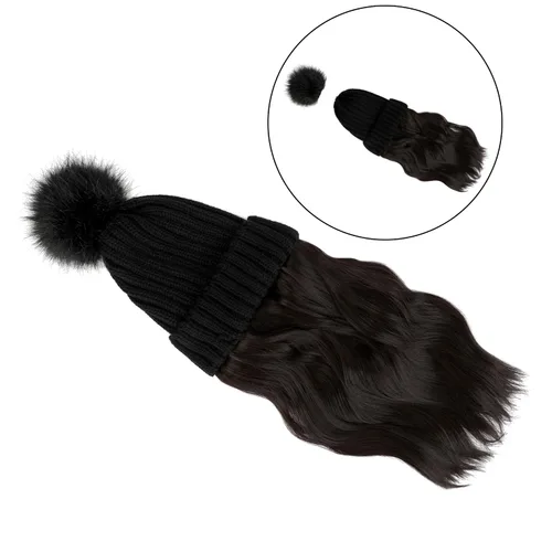 Vista 4 de Gorro para mujer con pelo adjunto, gorro de punto cálido con pompón unido de 14 pulgadas de largo, ondulado, extensiones de cabello rizado, postizo
