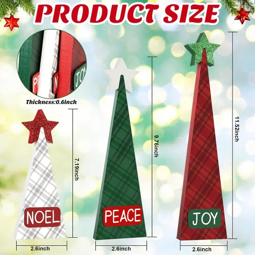 Vista 2 de 3 piezas de decoración de mesa de árbol de Navidad de madera, 3 tamaños de decoraciones de árbol de Navidad de madera independientes de doble cara