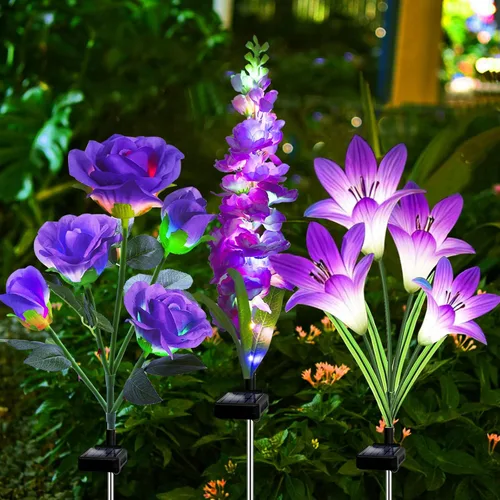 Vista 10 de MRHEPHAESTUS Luces solares de jardín, flores de delfinio 2 unidades 40 LEDs, luces impermeables para exteriores, dos modos de iluminación