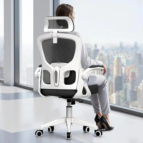Vista 9 de Silla de oficina ergonómica, silla de escritorio de respaldo alto con brazos abatibles, silla de computadora de malla de 300 libras