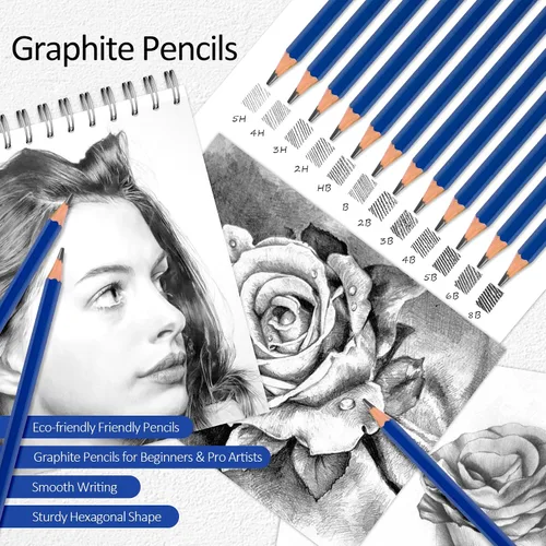 Vista 2 de Vobou Juego de 33 suministros de arte, lápices de dibujo de colores, kit de arte, lápices de grafito con estuche portátil, suministros de arte