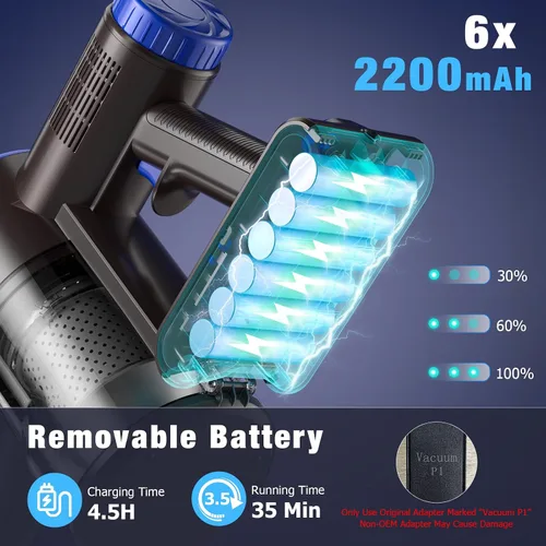 Vista 13 de AIRDIYA - Aspiradora inalámbrica, mejorada, de 40 Kpa, 8 en 1, ligera, con autosoporte, taza de polvo de 1.5 L y antienredos, recargable