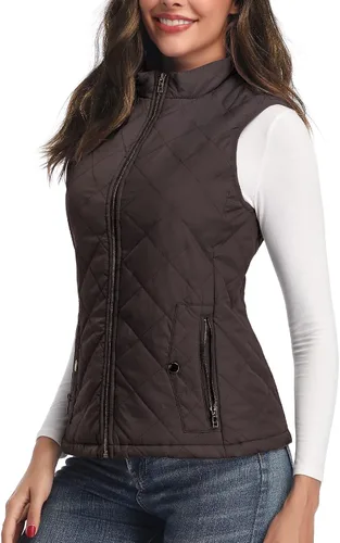 Vista 6 de Chaleco para exteriores de mujer, chaleco acolchado ligero con cremallera y cuello alto.