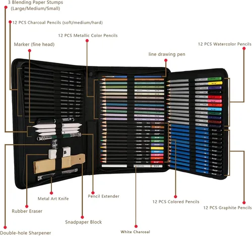 Vista 2 de H & B Juego de 72 piezas de suministros de dibujo y boceto, kit de arte incluye lápices de dibujo y de colores para adultos, artistas y niños.