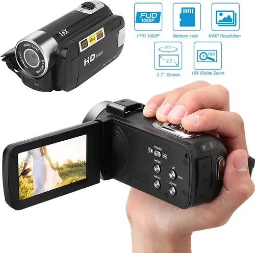Vista 2 de Videocámara, cámara de video Full HD 1080P con cámara digital de 16 MP, pantalla LCD giratoria de 2.7 pulgadas, zoom digital 16X, videocámara
