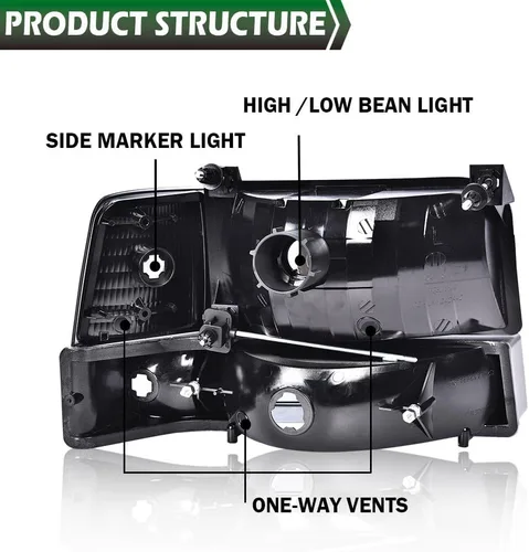 Vista 6 de GRAND ORANGE Headlights Compatible with Ford F150 Bronco 1992-1996 Chrome