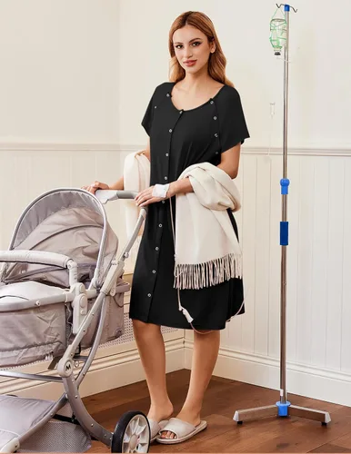 Vista 5 de Ekouaer - Vestido de maternidad 3 en 1 para trabajo de parto/hospital, camisón de lactancia, ropa de dormir para amamantar con botones S-XXL A-Negro