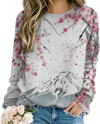 Vista 15 de ZOCANIA Sudaderas para mujer, sin capucha, manga larga, cuello redondo, estampado floral, ajuste holgado
