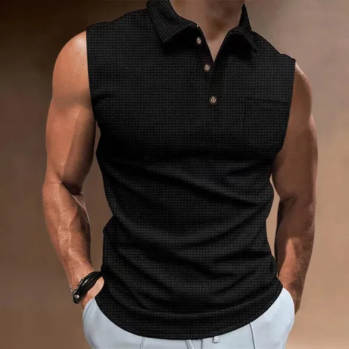 Vista 2 de Camisetas negras para hombre, a la moda, con botones, estilo waffle, ajuste muscular, para verano, casual, ajustada, lisas