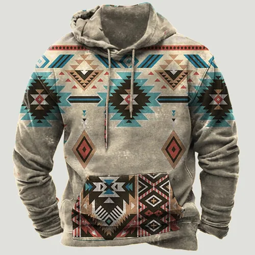 Vista 2 de Sudaderas con capucha para hombre, diseño gráfico azteca occidental, estampado étnico, mangas raglán, blusa ligera