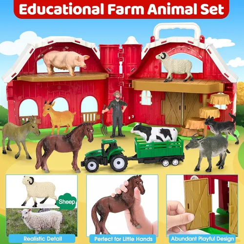 Vista 3 de Juguetes de animales de granja para niños de 1, 2, 3, 4 y 5 años, juego de granja grande de granero rojo con figuras de animales y juguete