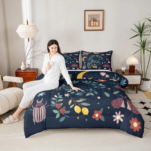 Vista 32 de Juego de edredón de champiñones para niños, tamaño individual, juego de ropa de cama romántica con sol, luna, cielo estrellado y galaxia, decoración
