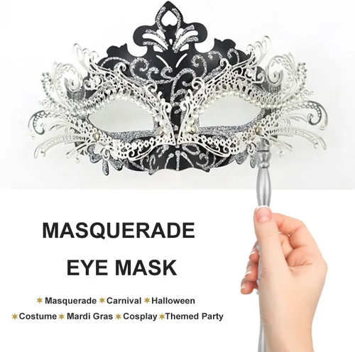 Vista 2 de Máscara de baile de máscaras con palo para mujeres y hombres, máscara de metal veneciano para fiesta de graduación