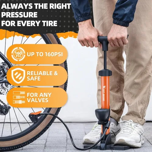 Vista 7 de Bomba de piso para bicicleta, bomba de bicicletas con manómetro, bomba de aire de bicicleta con alta presión de 160 psi, bomba de neumáticos