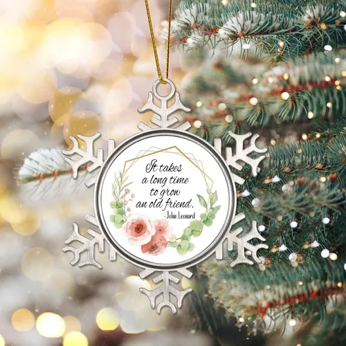 Vista 2 de Adornos decorativos de Navidad de copo de nieve de metal, corona floral que tarda mucho tiempo en crecer un viejo amigo, adorno de recuerdo