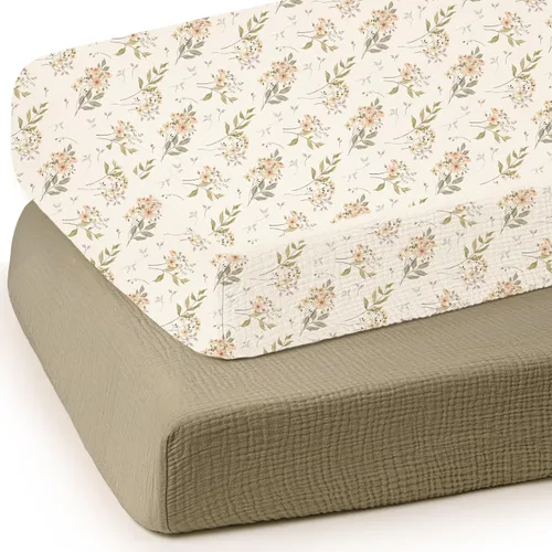 Vista 13 de Sábanas de cuna de muselina lulumoon para bebé: Sábanas ajustadas y transpirables para cuna de niños - Hojas de hoja de árbol verde para cuna