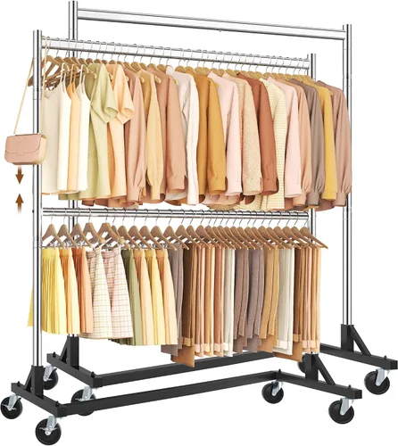 Vista 12 de Hoctieon Estante de doble barra Z, estantes de ropa rodantes con base en Z, perchero ajustable para ropa, perchero de pie para ropa de pie, perchero
