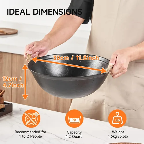 Vista 3 de WANGYUANJI Wok de hierro fundido hecho a mano de 11.8 pulgadas con asas dobles, pequeño wok chino de fondo redondo para 1 a 2 porciones, sartén sin