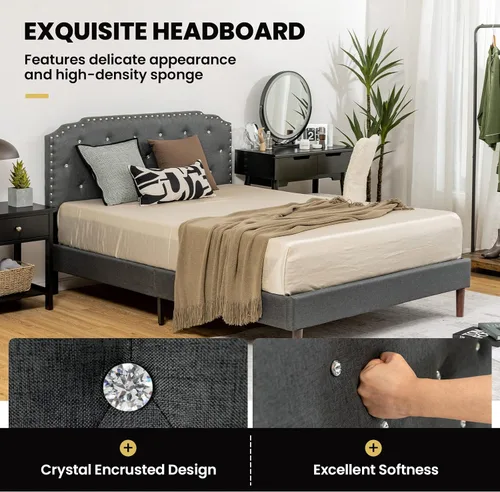 Vista 6 de Giantex Base de cama tapizada con cabecera ajustable, base de cama con plataforma suave capitonada de cristal con listones de madera, base