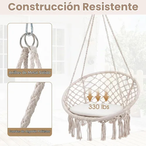 Vista 4 de Happygrill Silla de columpio, hamaca de macramé con cojín de asiento redondo, cuerdas de algodón de poliéster resistentes y anillos de metal Beige