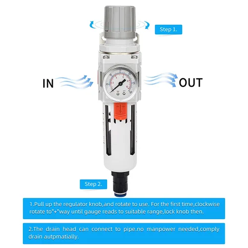 Vista 4 de NANPU Regulador de filtro de aire comprimido NPT de 1/2 pulgada combinado a cuestas, drenaje automático, elemento de latón de 5 micrones, cuenco