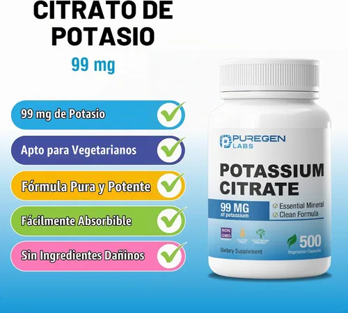 Vista 3 de Citrato de potasio Puregen Labs 99 mg de suplemento elemental de potasio