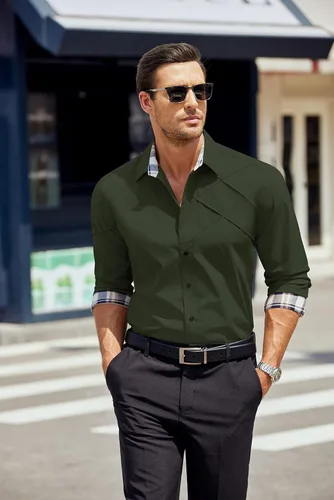 Vista 2 de COOFANDY Camisas de vestir de algodón para hombre, manga larga, cuello a cuadros, ajuste delgado, casual, con botones