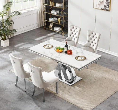 Vista 2 de Juego de mesa de comedor de mármol sintético blanco plateado de 68 pulgadas para 4, juego de mesa rectangular de 5 piezas con patas de acero Mesa